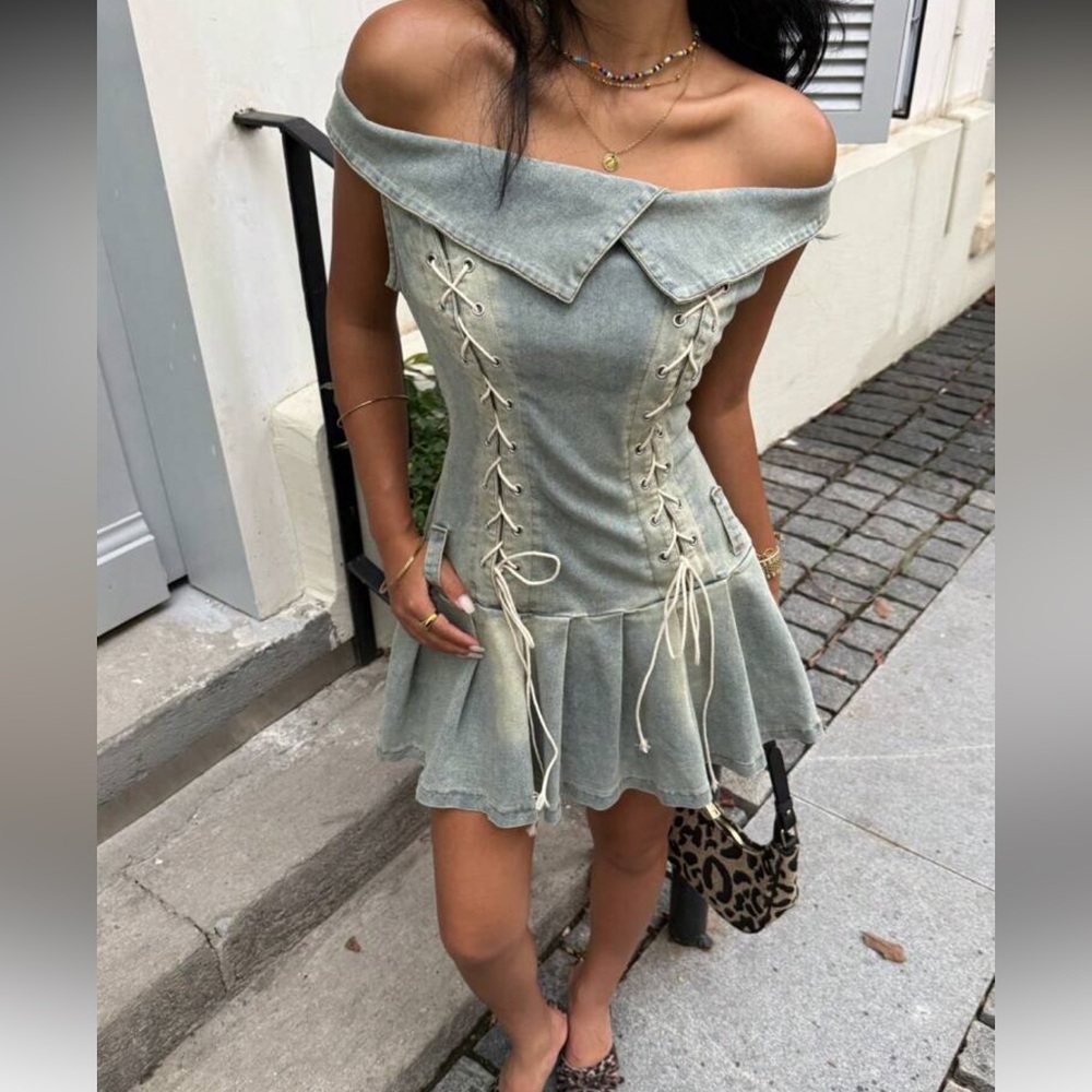 Denim dress wash off shoulder Stylish lace-Up Dress skater